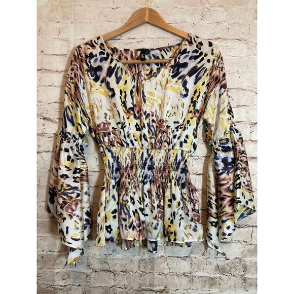 Essentials By Milano Babydoll Top Womens Small Animal Print Satin Flared Sleeve - Picture 1 of 16